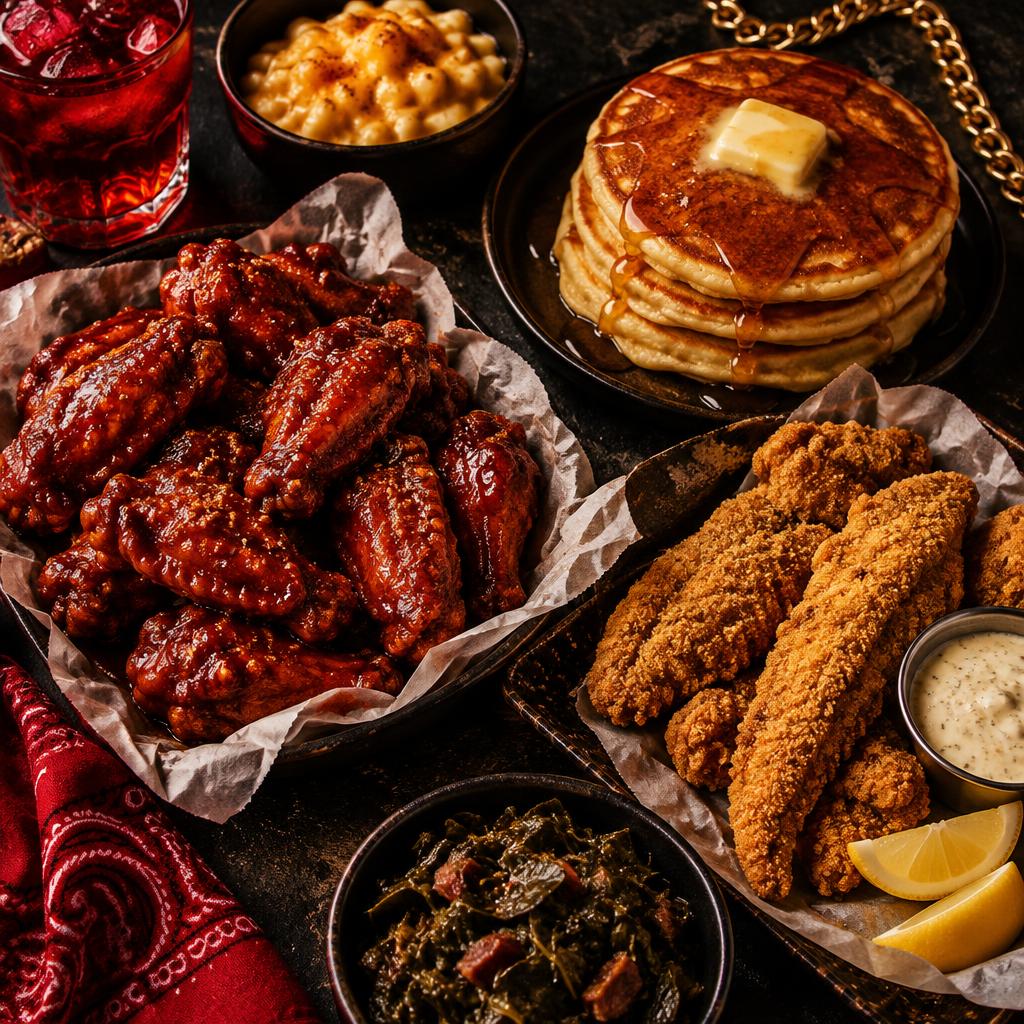 Spread of wings, pancake stacks, and soul food from LR Chicken and Pancakes
